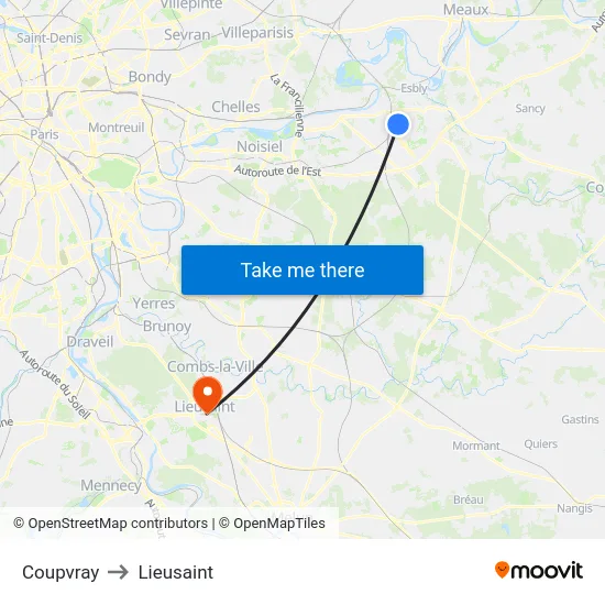 Coupvray to Lieusaint map