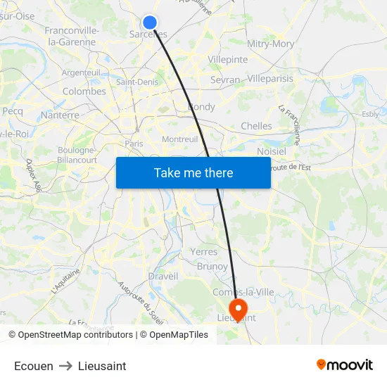 Ecouen to Lieusaint map