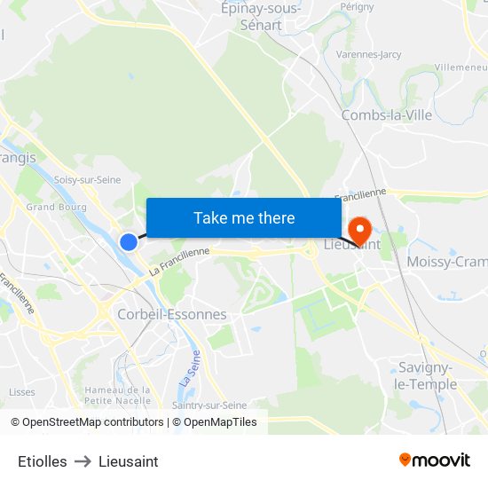 Etiolles to Lieusaint map