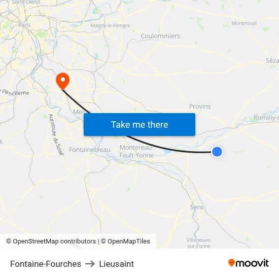 Fontaine-Fourches to Lieusaint map