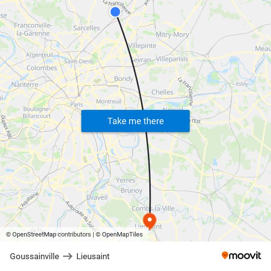 Goussainville to Lieusaint map