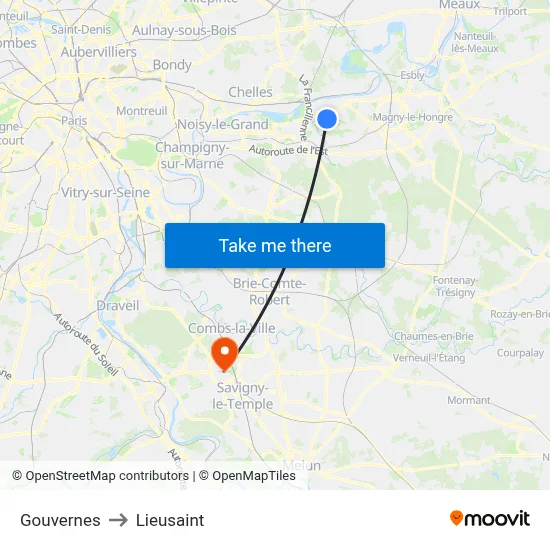 Gouvernes to Lieusaint map