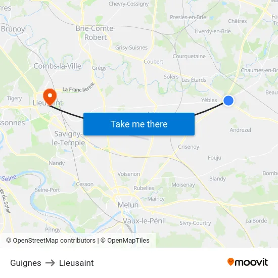 Guignes to Lieusaint map