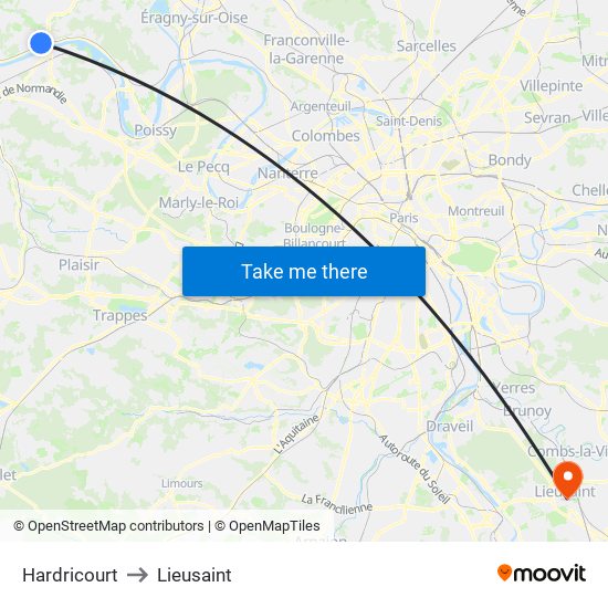 Hardricourt to Lieusaint map