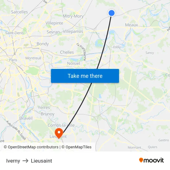 Iverny to Lieusaint map