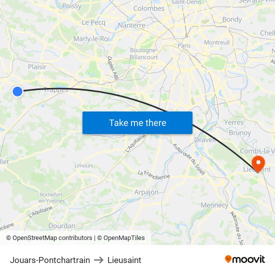Jouars-Pontchartrain to Lieusaint map