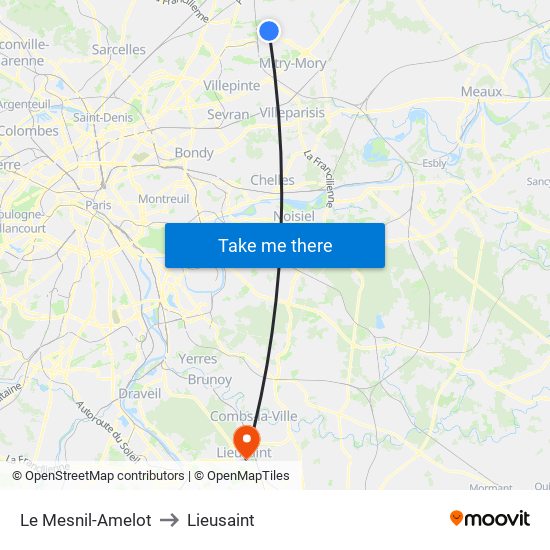 Le Mesnil-Amelot to Lieusaint map