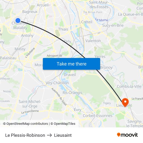 Le Plessis-Robinson to Lieusaint map