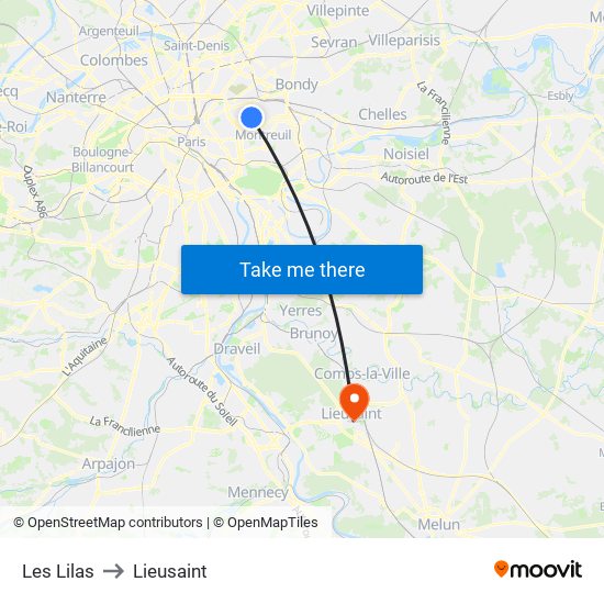 Les Lilas to Lieusaint map