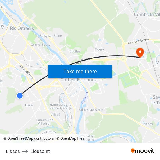 Lisses to Lieusaint map