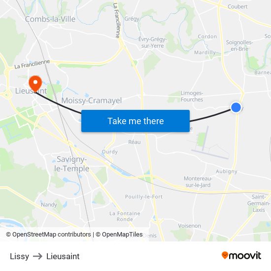 Lissy to Lieusaint map