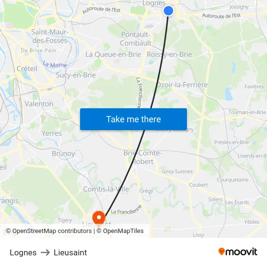 Lognes to Lieusaint map