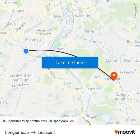 Longjumeau to Lieusaint map