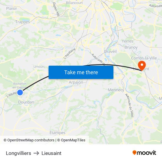 Longvilliers to Lieusaint map