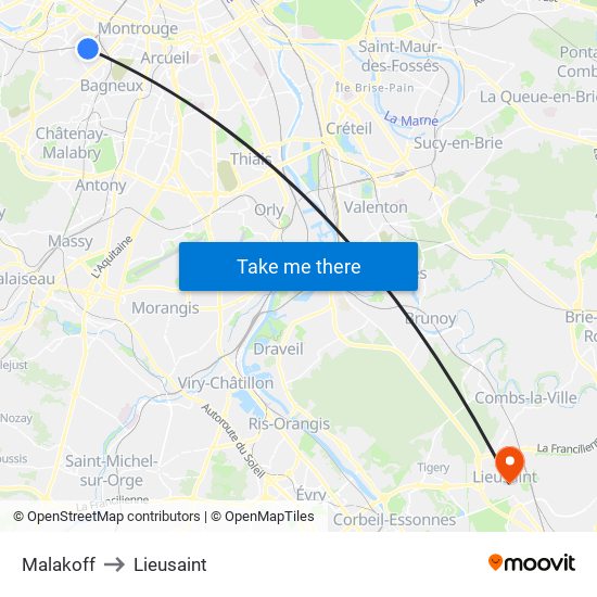 Malakoff to Lieusaint map