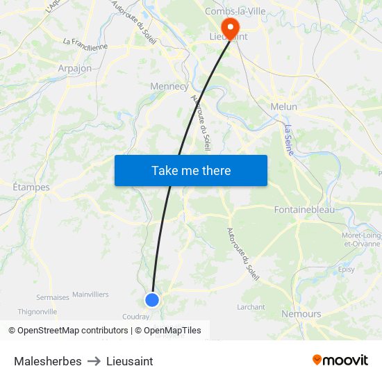 Malesherbes to Lieusaint map