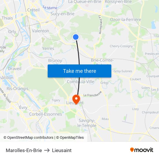 Marolles-En-Brie to Lieusaint map