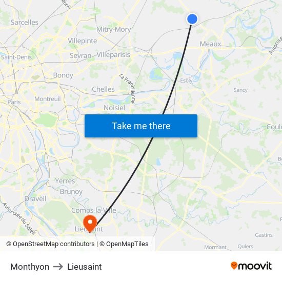 Monthyon to Lieusaint map