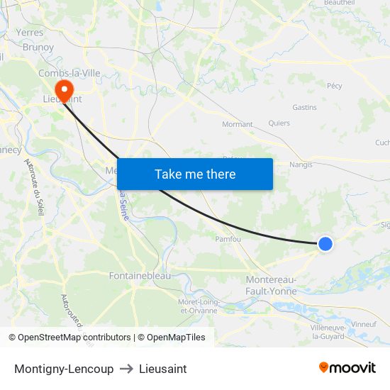 Montigny-Lencoup to Lieusaint map
