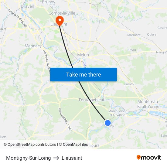 Montigny-Sur-Loing to Lieusaint map