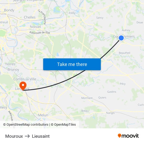 Mouroux to Lieusaint map