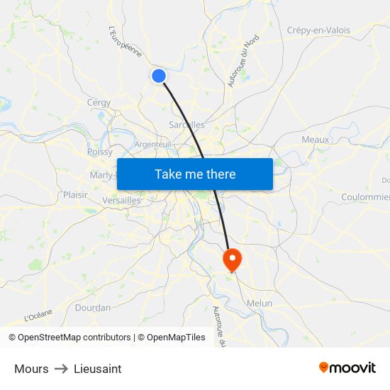 Mours to Lieusaint map