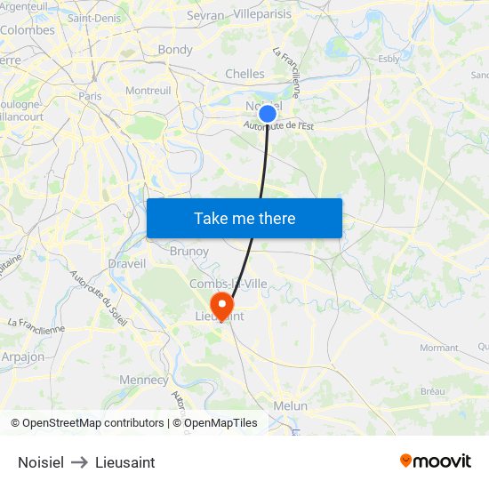 Noisiel to Lieusaint map