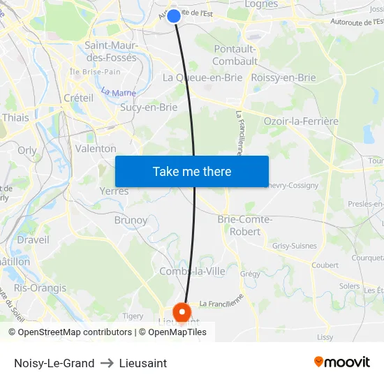 Noisy-Le-Grand to Lieusaint map