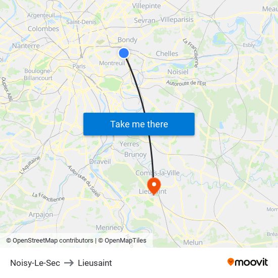 Noisy-Le-Sec to Lieusaint map