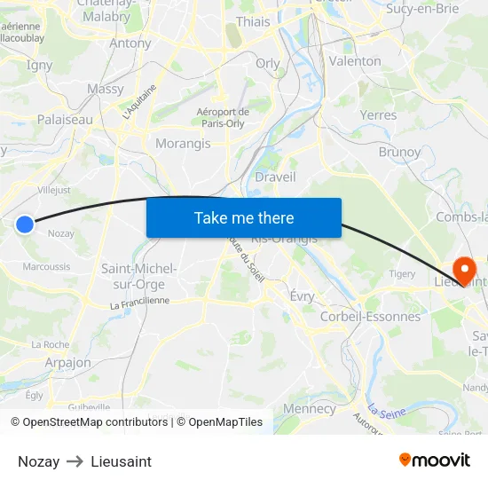 Nozay to Lieusaint map