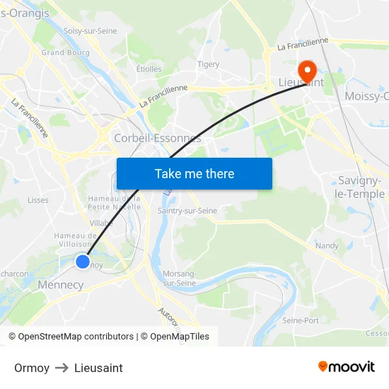 Ormoy to Lieusaint map
