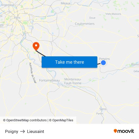 Poigny to Lieusaint map