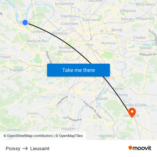 Poissy to Lieusaint map