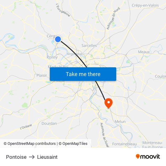 Pontoise to Lieusaint map