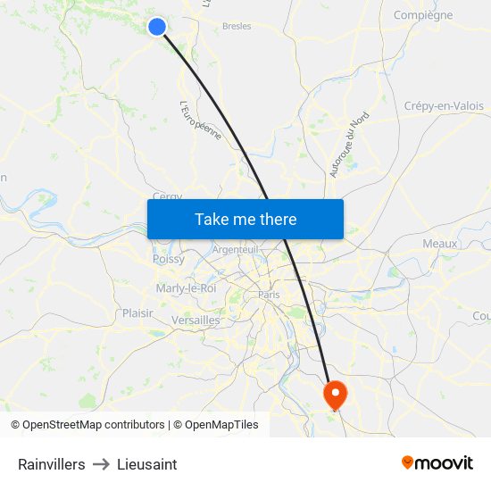 Rainvillers to Lieusaint map