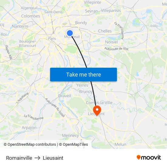 Romainville to Lieusaint map