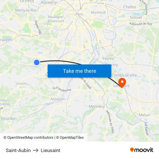 Saint-Aubin to Lieusaint map