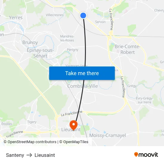 Santeny to Lieusaint map
