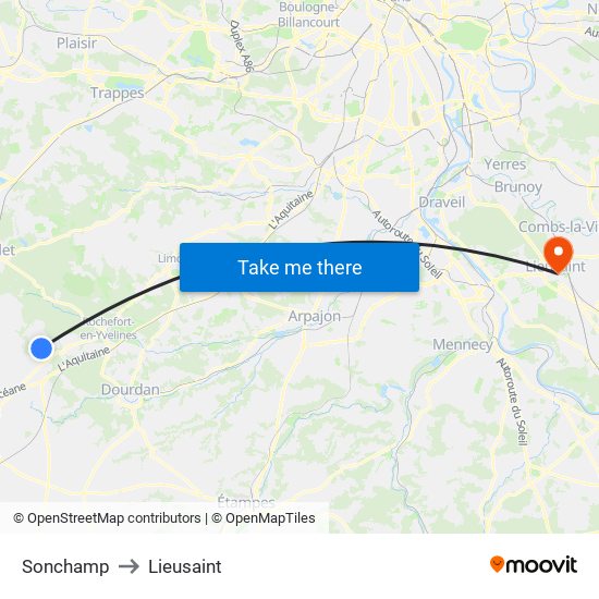 Sonchamp to Lieusaint map