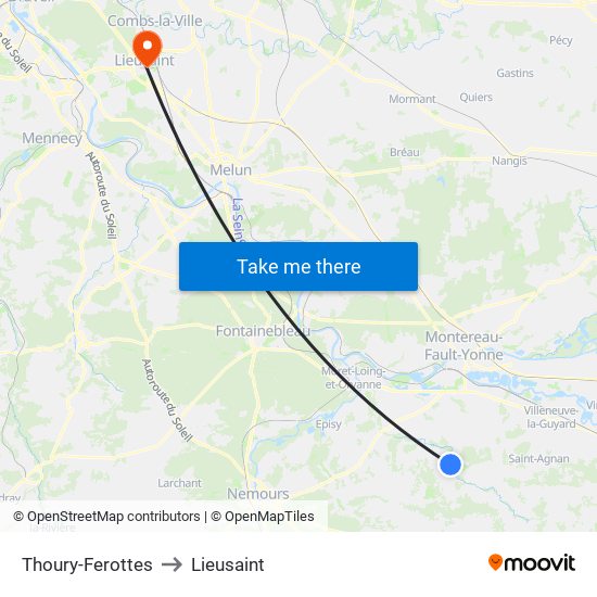 Thoury-Ferottes to Lieusaint map