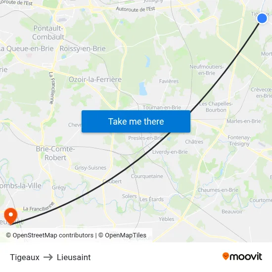 Tigeaux to Lieusaint map