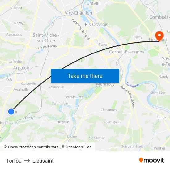 Torfou to Lieusaint map