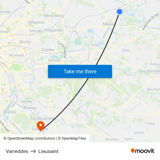 Varreddes to Lieusaint map
