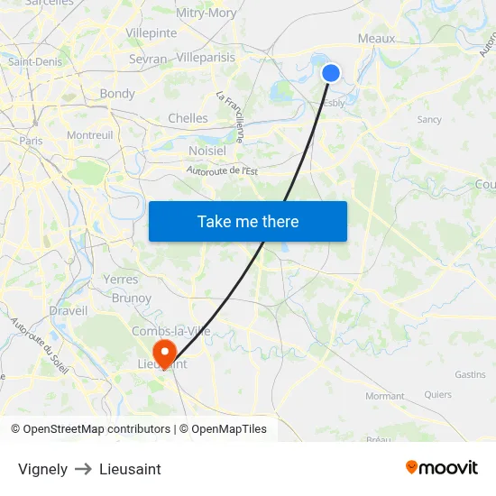 Vignely to Lieusaint map