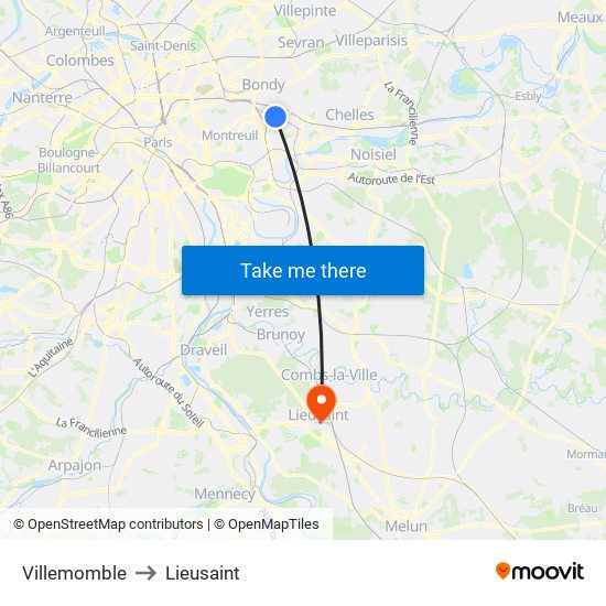 Villemomble to Lieusaint map