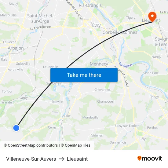 Villeneuve-Sur-Auvers to Lieusaint map