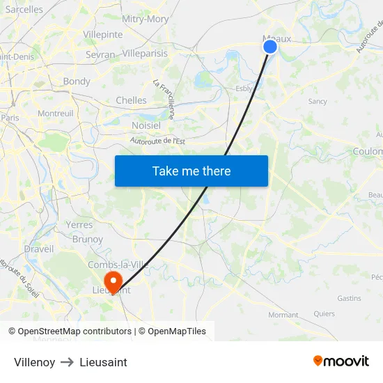 Villenoy to Lieusaint map