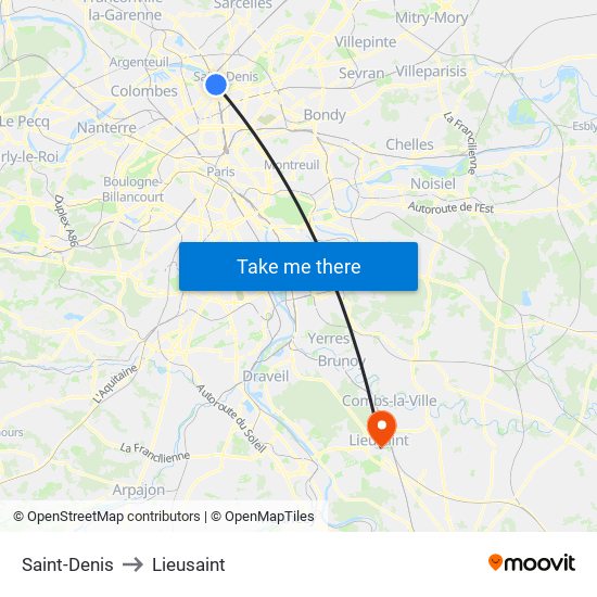 Saint-Denis to Lieusaint map