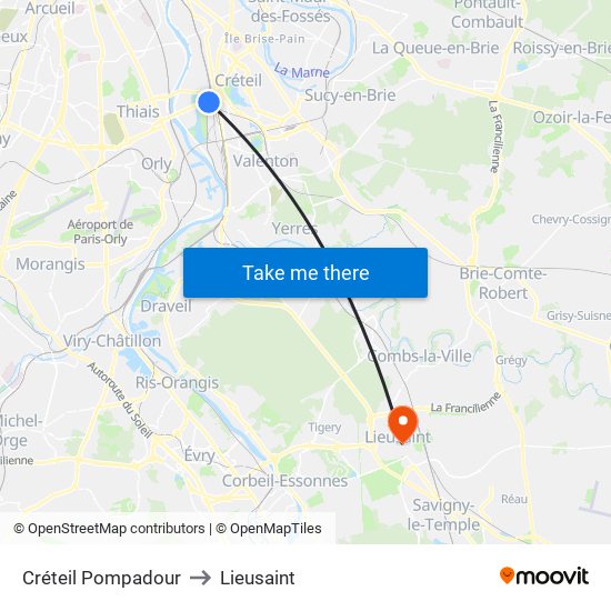 Créteil Pompadour to Lieusaint map