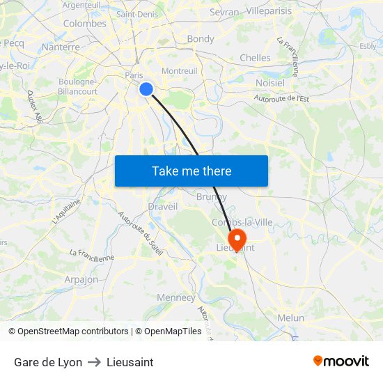 Gare de Lyon to Lieusaint map